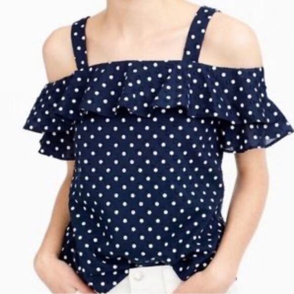 J. Crew Navy & White Polka Dot Ruffle Off The Shoulder Blouse Women’s Size 2 - Picture 1 of 5